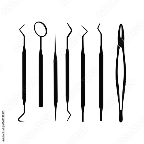 Dental Instruments Set Black Silhouette Icons of Dentist Tools  including Mirror Probes and Tweezers