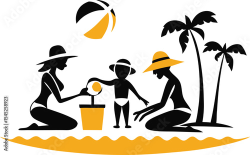Family enjoying summer fun building sandcastles and playing beach volleyball near palm trees on a sunny day