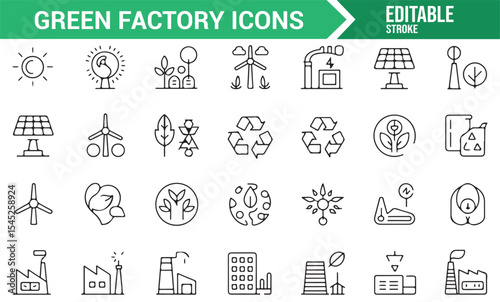 Green Factory and Renewable Energy Icons Collection
