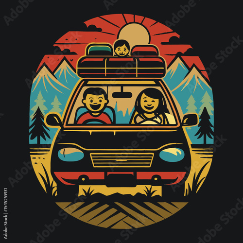 Family road trip adventure in a car through mountains and nature with sunset and camping gear
