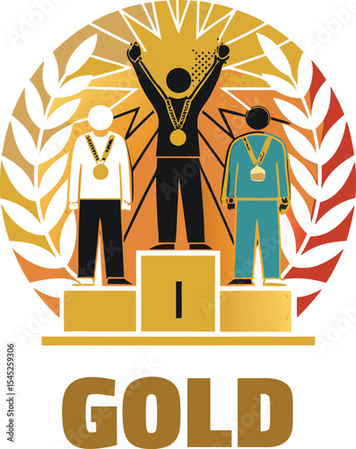 Illustration depicting winning podium with gold silver and bronze medalists celebrating victory and achievement in a flat vector style