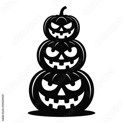 Stylized pumpkin silhouette set Stacked jack o' lanterns silhouette with unique scary faces in classic halloween totem style with witch hat, vampire fangs, and ghost eyes