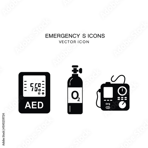 Emergency Medical Icons AED Oxygen Tank and Defibrillator Vector Illustration