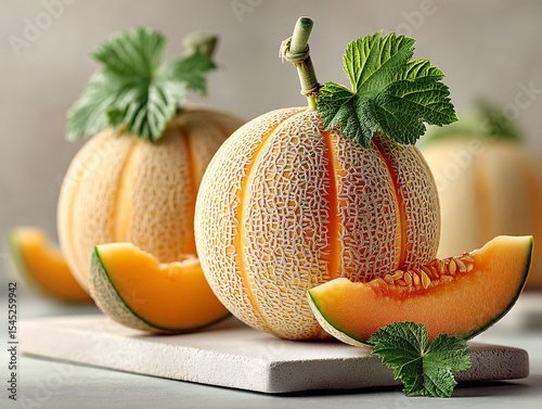 few pieces of cantaloupe melon with a slice in the foreground, revealing the orange flesh and seeds inside. The melons have a distinctive netted skin.