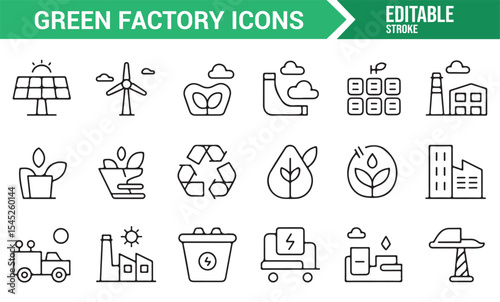 Renewable Energy and Green Factory Icons Set

