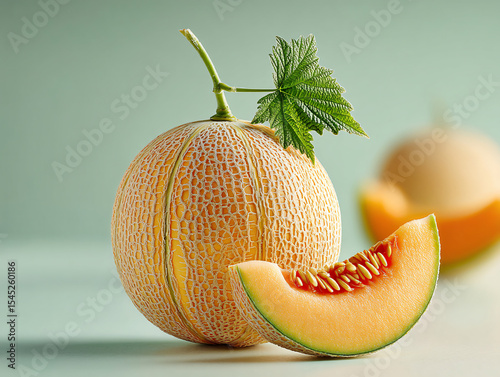 few pieces of cantaloupe melon with a slice in the foreground, revealing the orange flesh and seeds inside. The melons have a distinctive netted skin.