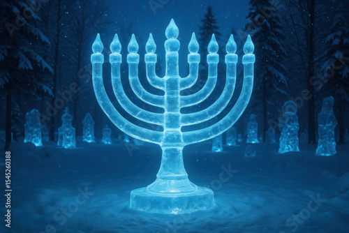 Blue menorah standing in the snow.