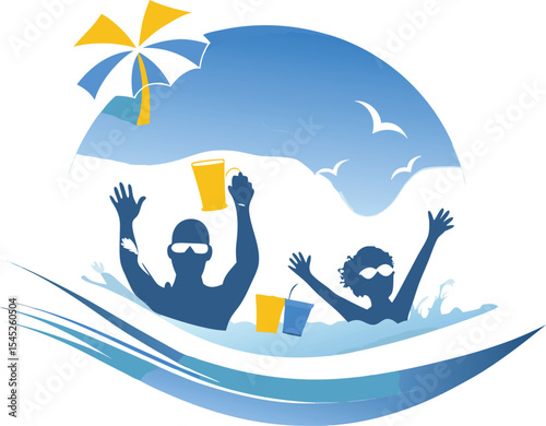 Summer fun swimming illustration with silhouette people in the ocean under a beach umbrella and cheering