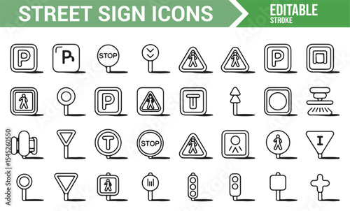 Various Street and Traffic Sign Icons in Simple Design