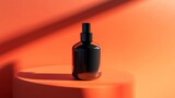 Black cosmetic bottle on orange pedestal with strong shadows for beauty product branding packaging photography minimal style