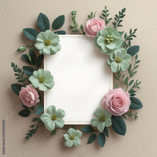 Floral decorative frame with pastel roses and green leaves for wedding, invitation or greeting card background