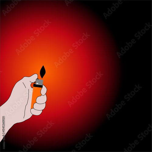 Hand holding a lighter with flame against a red and black gradient background