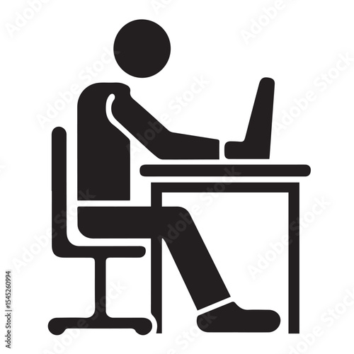 Simple black icon of person working at desk on laptop