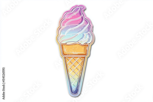 A ice cream cone sticker with a neon outline isolated on a white background
