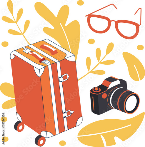 Colorful 3D Travel Gear: Suitcase, Journal, Camera, and Sunglasses