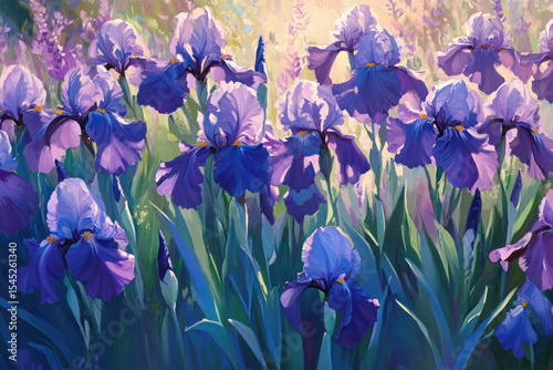 Vibrant purple irises in a sunny garden painting