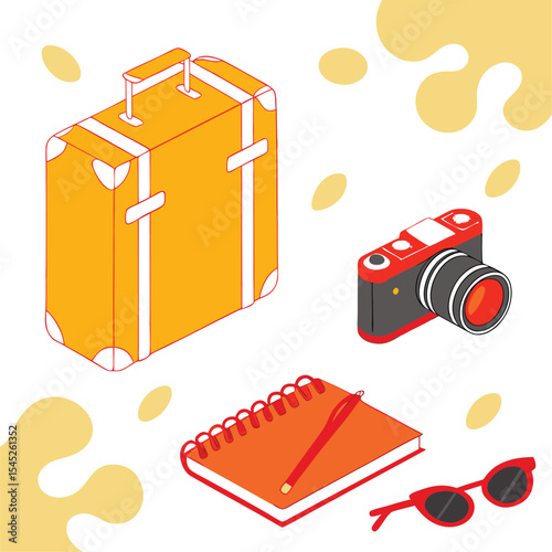 Vibrant 3D Travel Essentials: Suitcase, Journal, Camera, and Sunglasses