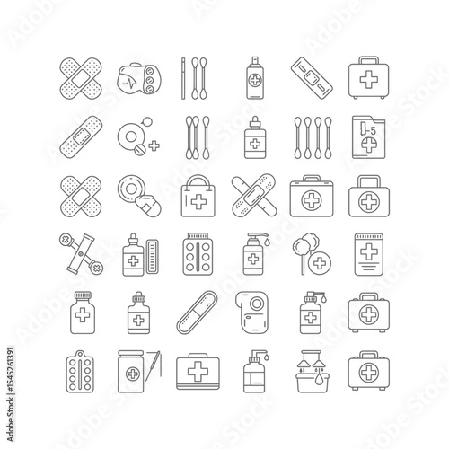 First Aid Kit Icons Medical Supplies Bandages and Healthcare Symbols