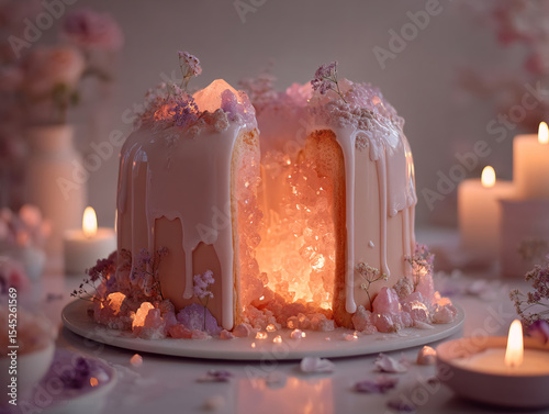 beautifully decorated cake with a pink and white glaze, adorned with crystals and flowers. The cake is surrounded by candles and flowers, creating a warm and ethereal atmosphere.