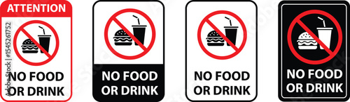 No food or drink allowed sign. No eating or drinking sign. No food or drink logo, label, badge, sticker, symbol, emblem, stamp, banner, circle, black, line, flat vector, isolated illustration.