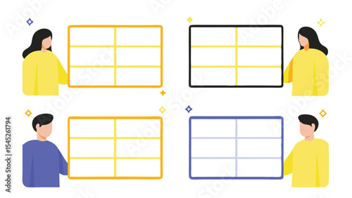 Four illustrations of people presenting tables with different color schemes and simple star accents around them