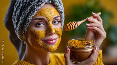 Woman applies turmeric face mask at home