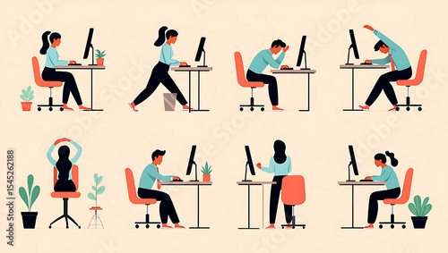 Diverse office workers demonstrate various healthy work postures at desks