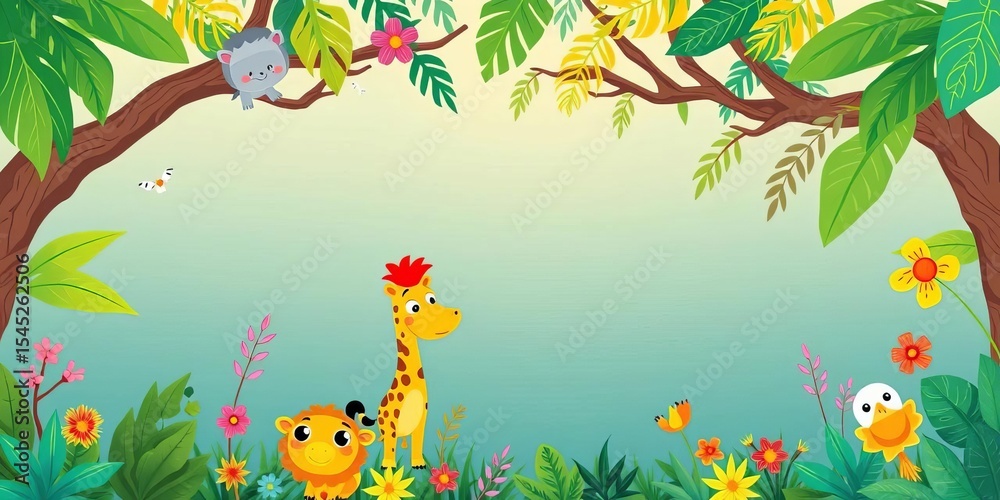 Obraz premium Cheerful cartoon jungle animals & tropical plants in flat style , cartoon, parrots