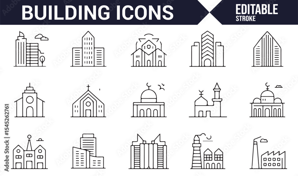 Obraz premium Various Building, Skyscraper, and Church Icons Collection