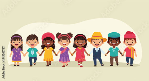 Happy Children of Different Nationalities Hold Hands in a Symbol of Peace