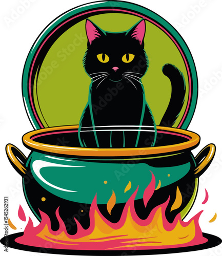 Cute Black Cat Sitting Inside A Witch Cauldron On Fire