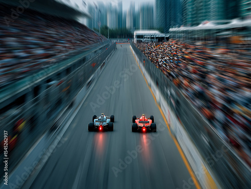 two Formula One race cars in motion on a track, with a blurred effect capturing the speed and movement of the vehicles. The cars are racing close to each other