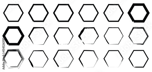 Black vector hexagon icons with distressed and rough border effects for use in print media, design systems, interface buttons, or abstract patterns.

