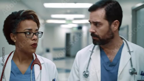 Two medical professionals walking and talking in a hospital hallway healthcare setting