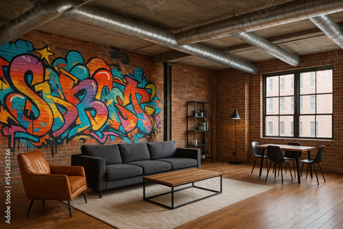 Large mural on living room wall.