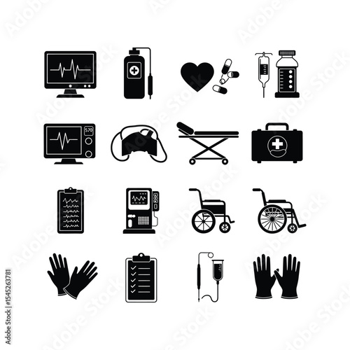 Medical Icons Healthcare Symbols Set   Hospital Equipment Devices and Supplies