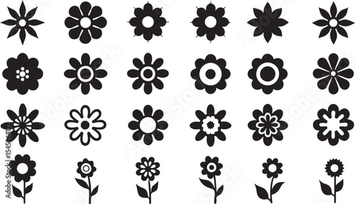 Collection of black and white flower icons various designs suitable for graphic elements and decorative applications