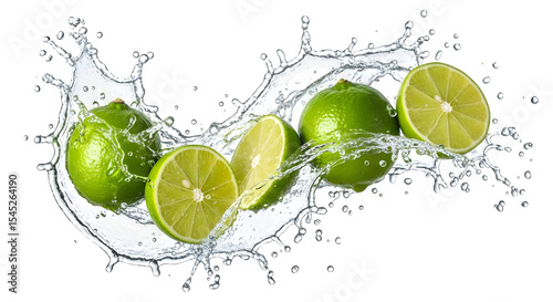 Fresh limes with water splash isolated on black background for healthy food and drink concept image on transparent background © muhammadHafeez