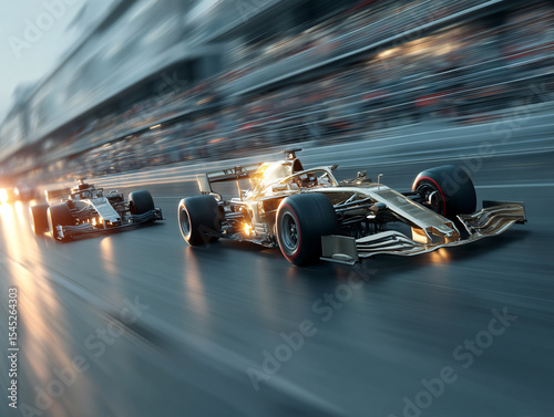 high-speed race track with two Formula 1 cars racing, one in white with red accents and the other in gold, surrounded by urban buildings and a blurred audience in the background.