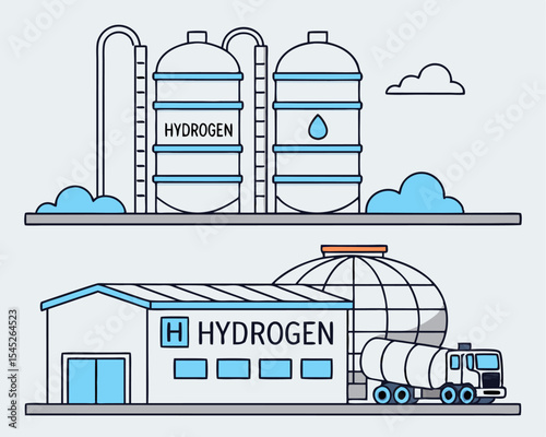 Isometric illustration of a hydrogen facility with tanker truck symbolizing green energy and efficient fuel distribution system.