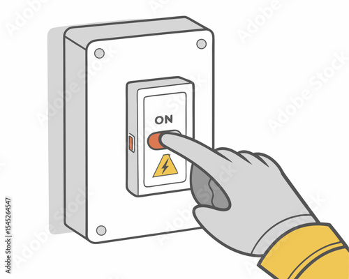 Industrial illustration of safety training with worker using protective gloves to operate manual power switch in factory setting.