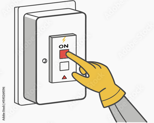 Isometric illustration of safety training in factory with worker operating power switch using gloves for hazard prevention.