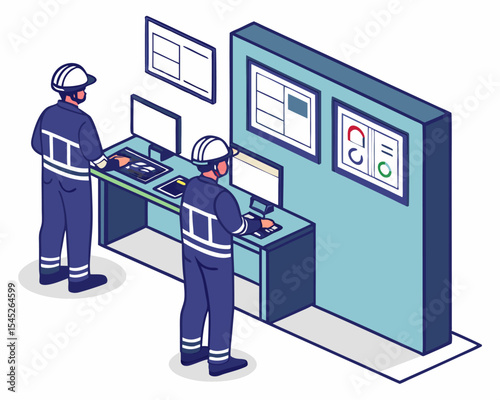 Isometric cartoon of traffic control engineer in railway system room monitoring transport and logistics operations.