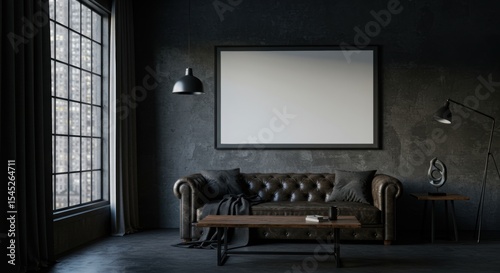 Frame mockup in a moody industrial loft living room