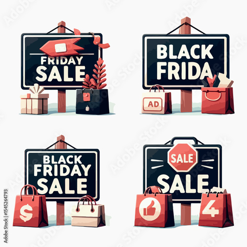  A sign for black friday sale with bags for black friday sale with white baground