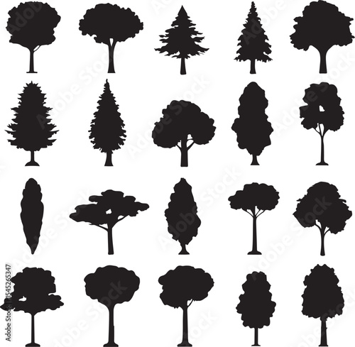 Collection of diverse tree silhouettes on white background suitable for nature related design projects and creative illustration purposes