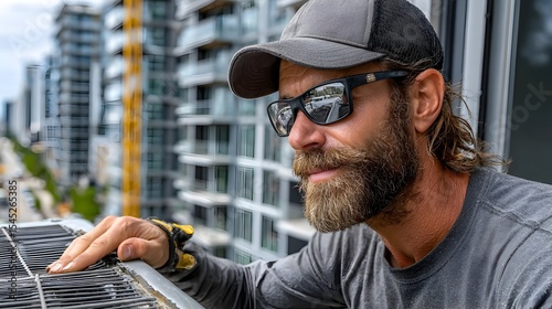 Worker inspecting AC unit, city backdrop