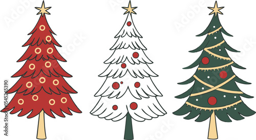Christmas Tree Collection with Festive Holiday Elements. Hand Drawn Christmas Tree Set for Winter Season. Christmas Tree Bundle for Holiday and Celebration Design. Colorful Christmas Tree Collection