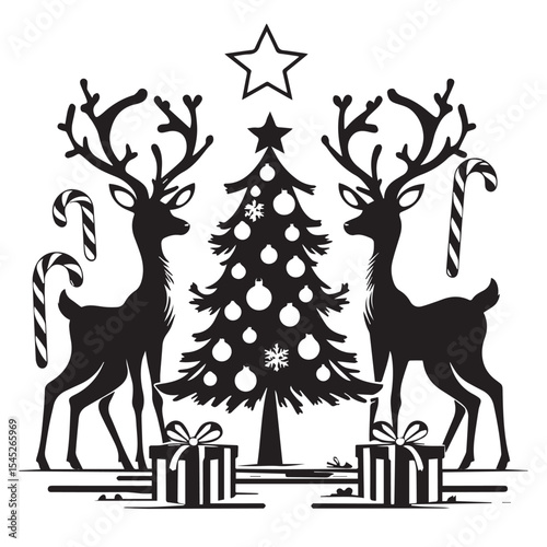 Two reindeer standing by a decorated christmas tree
