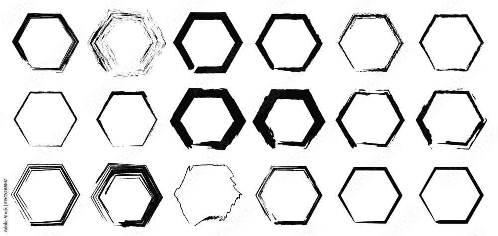 High contrast hexagon collection featuring creative grunge ink textures and minimalist sketches, perfect for digital graphics and layout elements.

